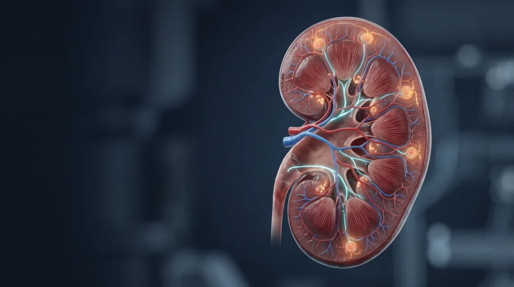 Cross-section 3D medical illustration of a human kidney showing the cortex, medullary pyramids, renal pelvis, and glowing glomerular filtration pathways for chronic kidney disease education.