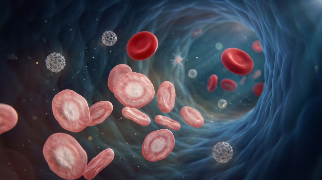 Hyperrealistic 3D medical illustration of a blood vessel with normal, sized, healthy Red Blood Cells compared to small shaped, hypochromic, iron depleted Red Blood Cells present in Iron Deficiency Anemia