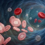 3D medical visualization of Iron Deficiency Anemia showing pale hypochromic microcytic red blood cells with enlarged central pallor compared to normal crimson erythrocytes and depleted ferritin protein cages inside a blood vessel