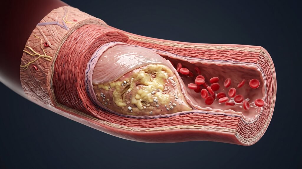 3D biomedical cross-section of a muscular artery showing intramural atherosclerotic plaque with a lipid necrotic core, microcalcifications, and fibrous cap beneath the endothelium.