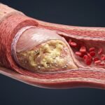 3D biomedical cross-section of a muscular artery showing intramural atherosclerotic plaque with a lipid necrotic core, microcalcifications, and fibrous cap beneath the endothelium.