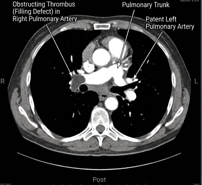 CTPA depicting a thrombus in the Right Pulmonary Artery