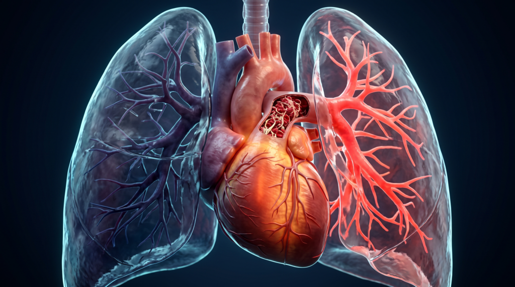 3D medical illustration of an acute pulmonary embolism obstructing the right pulmonary artery, causing right ventricular dilation and lung ischemia.