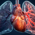 3D medical illustration of an acute pulmonary embolism obstructing the right pulmonary artery, causing right ventricular dilation and lung ischemia.