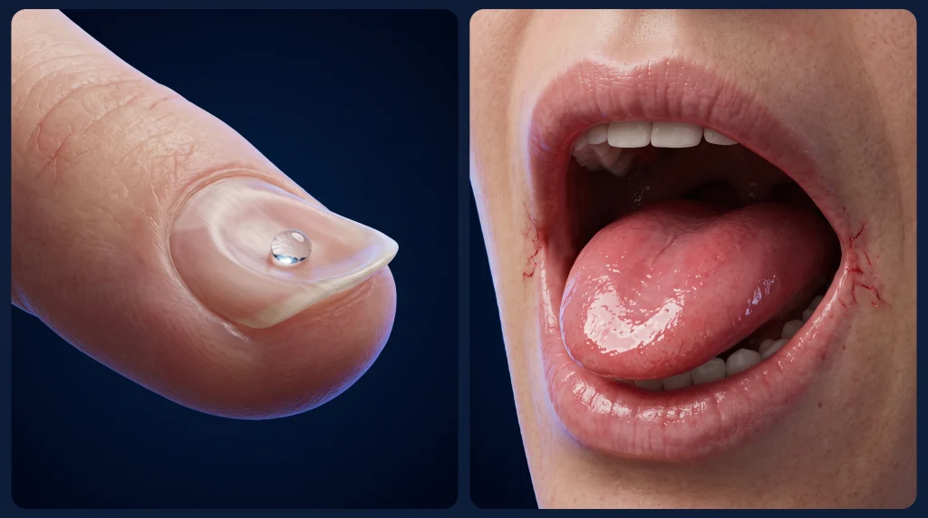 high-precision 3D medical educational visualization with the left panel showing a close-up anatomical render of a human finger exhibiting classic koilonychia—a thin, concave, spoon-shaped fingernail plate holding a single crystal-clear water droplet in its central depression. The right panel shows a detailed anatomical render of an open mouth displaying atrophic glossitis with a smooth, glossy, depapillated dorsal tongue surface and subtle angular fissuring at the labial commissure.