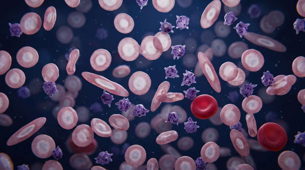 High-resolution 3D microscopic medical visualization of a peripheral blood smear in Iron Deficiency Anemia. The view displays small, pale, microcytic, hypochromic erythrocytes with wide central pallor alongside classic elongated, cigar-shaped pencil cells (elliptocytes) and a slightly increased number of small purple-granulated platelets (reactive thrombocytosis). Normal-shaped, concave, bright red-colored red blood cells can also be spotted.