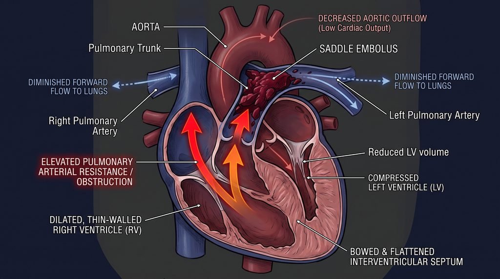 Medical Illustration depicting a very large embolus at the pulmonary artery bifurcation